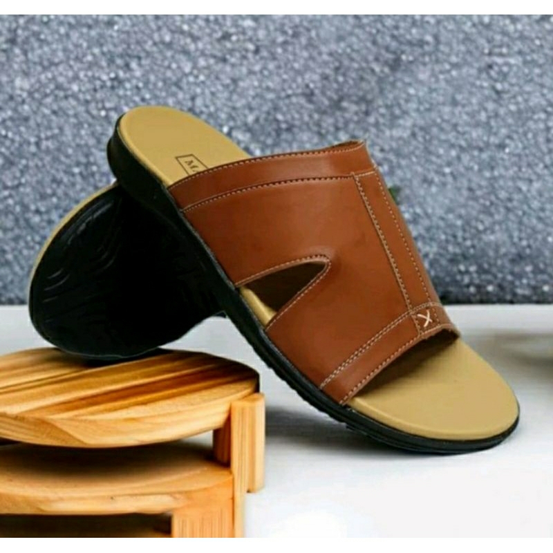 Sandal Slide Pria MKZ1 Slop Bapak2 Kasual Kulit / Sendal Slide KULIT GARUT