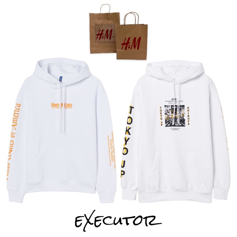 ( 8.8 ) Hoodie H&amp;M Unisex Skate Till Late Tokyo White Putih, Flecee Katun Lembut, Free Papperbag