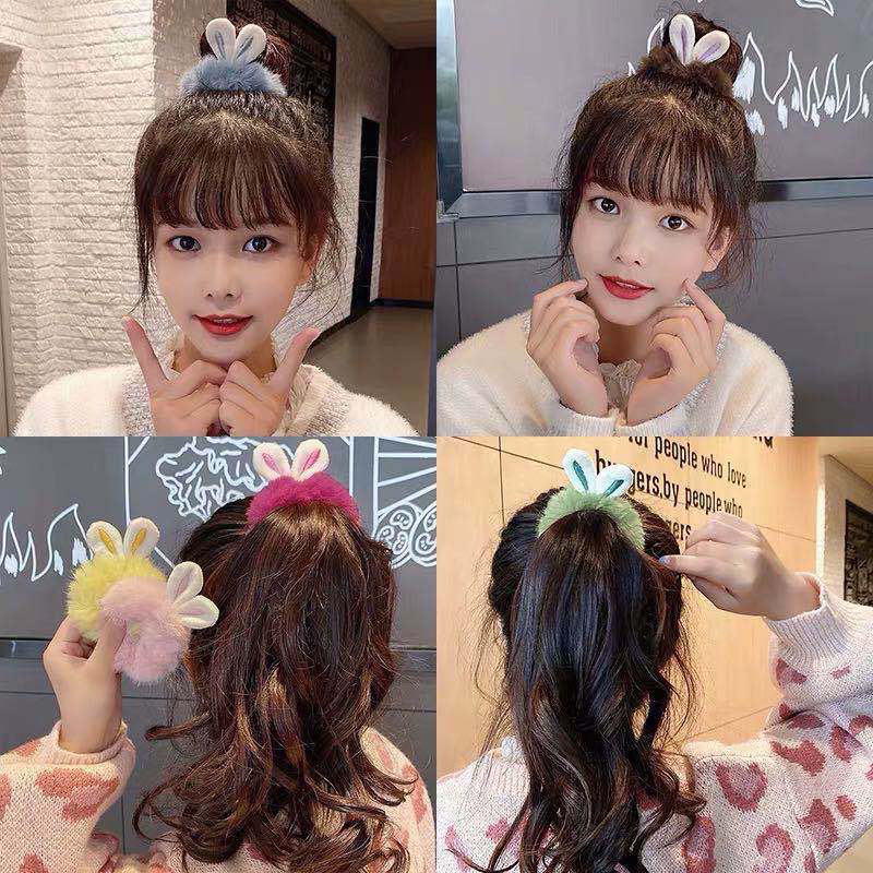 IKAT RAMBUT SCRUNCHIE BULU MOTIF BUNNY GAYA KOREA / KUNCIRAN RAMBUT SCRUNCHIE BULU MODEL KOREAN / IKAT RAMBUT CEPOL BULU