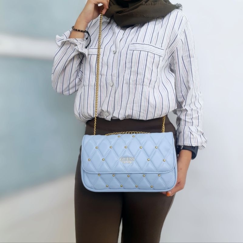 tas triana Medium size crystal blue black white pink beige studded quilted double chain long strap cirebon majalengka indramayu tegal brebes losari kuningan ready stock instan gs gb