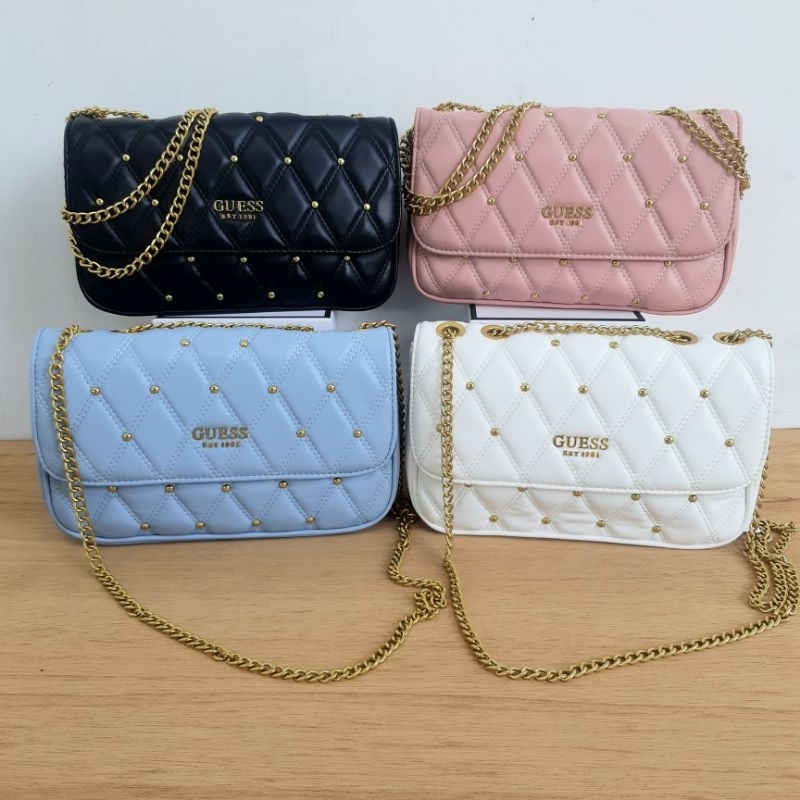 tas triana Medium size crystal blue black white pink beige studded quilted double chain long strap cirebon majalengka indramayu tegal brebes losari kuningan ready stock instan gs gb