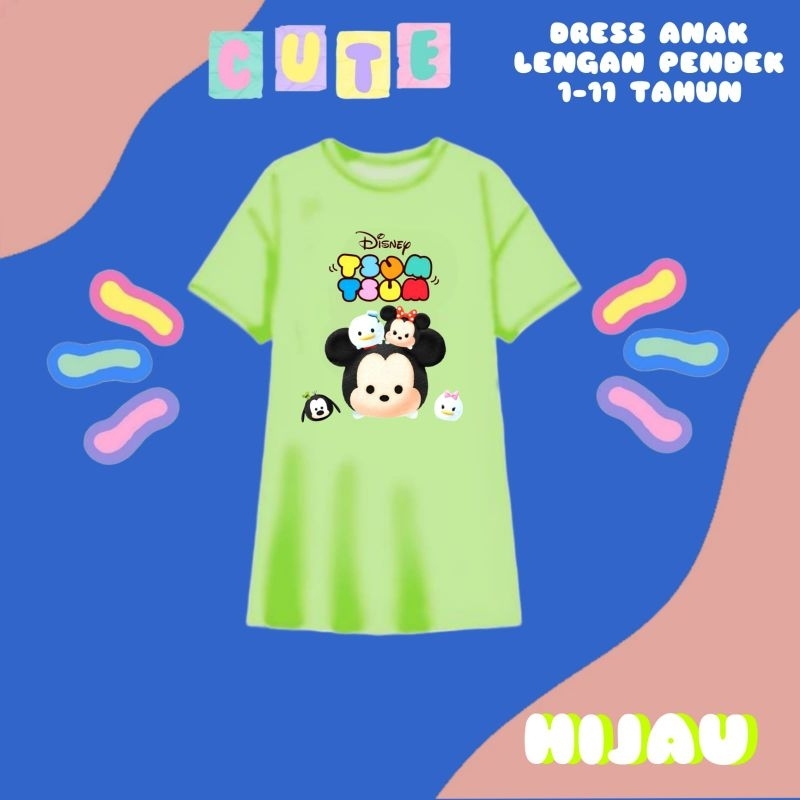 DRESS DASTER ANAK PEREMPUAN LENGAN PENDEK 1-11TAHUN BONEKA TSUM-TSUM UKURAN.S.M.L.XL.2XL.3XL