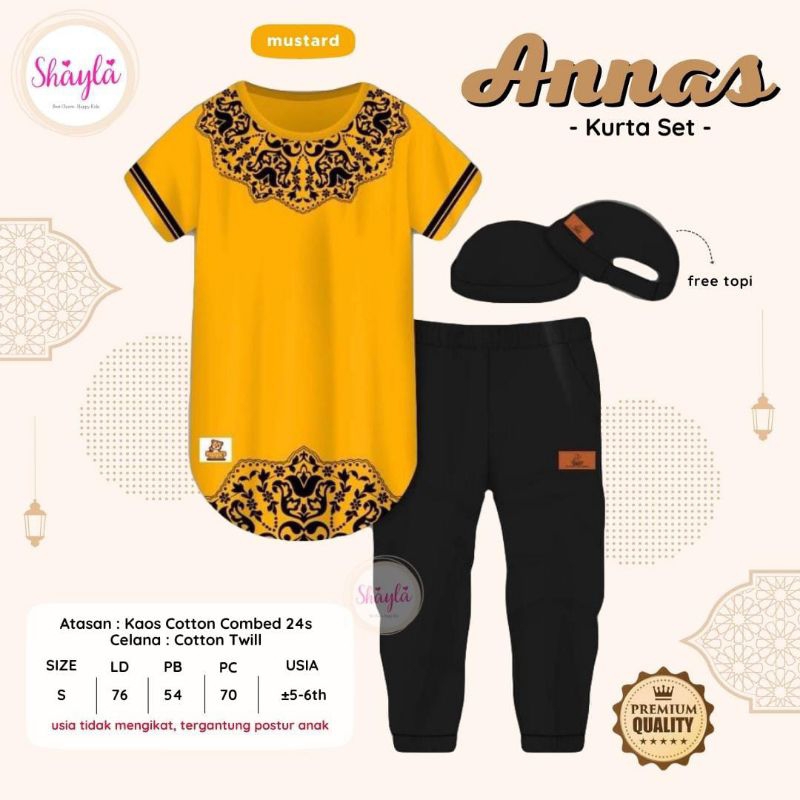 SETELAN KURTA ANAK COWOK MUSLIM KOKO BAHAN KAOS FREE TOPI ANNAS ORI SHAYLA