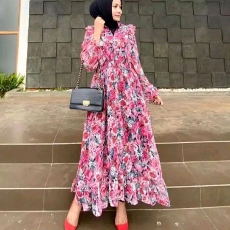 89008 Baju Maxidress longdress FLORAL ROSE RED MAXI DRESS lengan panjang dres Korea Korean style vin