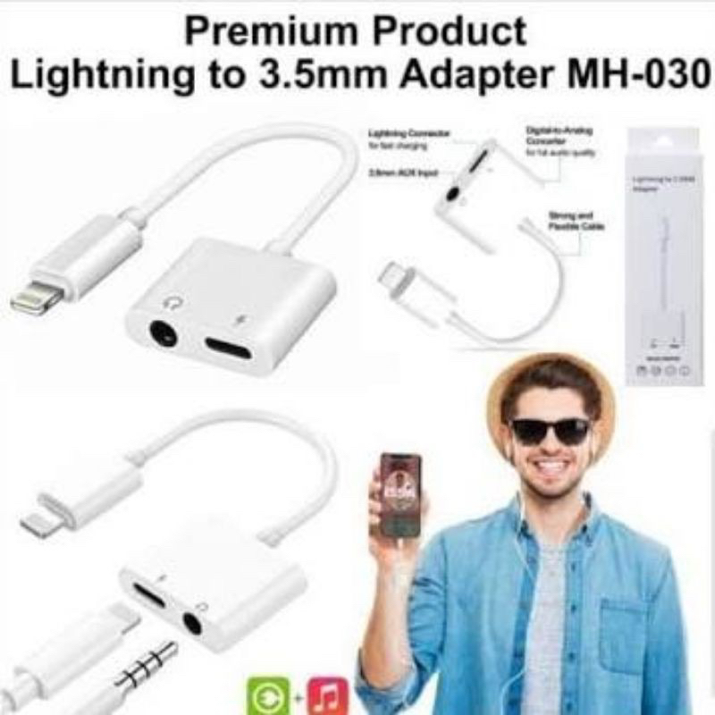 Kabel Adapter Charger Lightning 2 In 1 Jack Audio 3.5mm 2 In 1 Adaptor Dual Lightning Audio dan Charger untuk iPhone