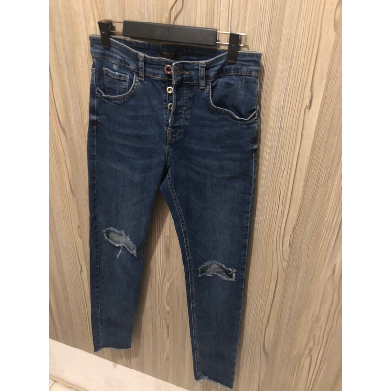 SOLD OUT❌ zara man jeans celana sobek pria denim blue ripped panjang seken