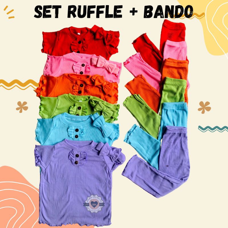 Baju Setelan Anak Perempuan Ruffle Knit + Bonus Bandana | Baju Oneset Ruffle Knit Tee Bahan Rib Knit Halus Dan Lembut