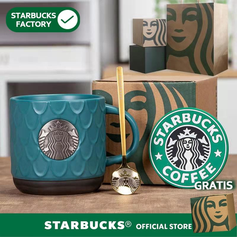 MUG GELAS ST4RBUCKS/ GELAS KOPI /CANGKIR KOPI / GRATIS SENDOK/ GRATIS TATAKAN GELAS / LLS54 BIRU TUA