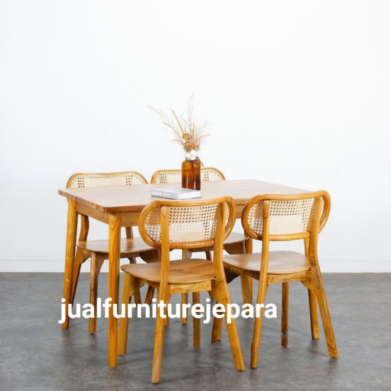 Meja Makan Minimalis Kursi 4 Rotan Kayu Jati Minimalis, Meja Makan 4 Kursi Minimais Rotan Kayu Jati