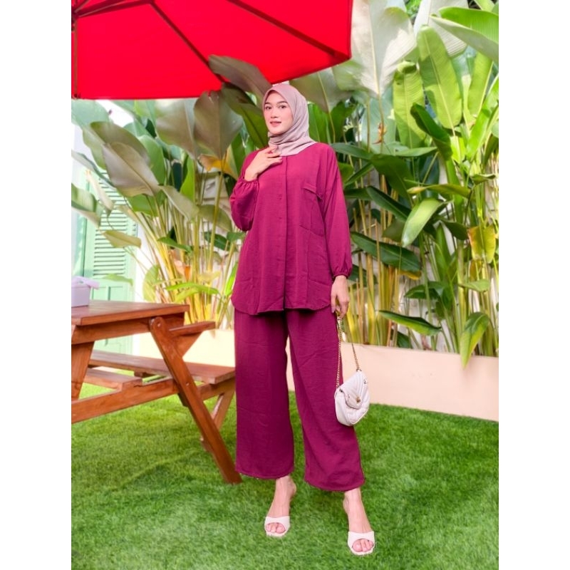 Camelia One Set Crinkle Air Flow Kekinian Setelan Wanita Terbaru One Set Polos Busui Setelan Kulot