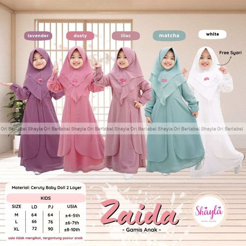 SETELAN GAMIS ANAK CEWEK MUSLIM HIJAB BAHAN CERUTY BABYDOLL ZAIDA FREE SYARI ORI SHAYLA