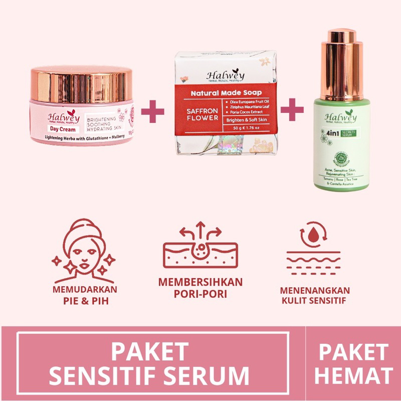 Paket hemat night krim tamanu sensitif serum 4 in 1 Halwey skincare indonesia