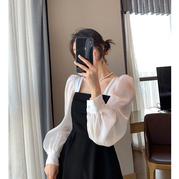 XIAOZHAINV Dress Wanita Korean Style Lengan Panjang Hitam 00650