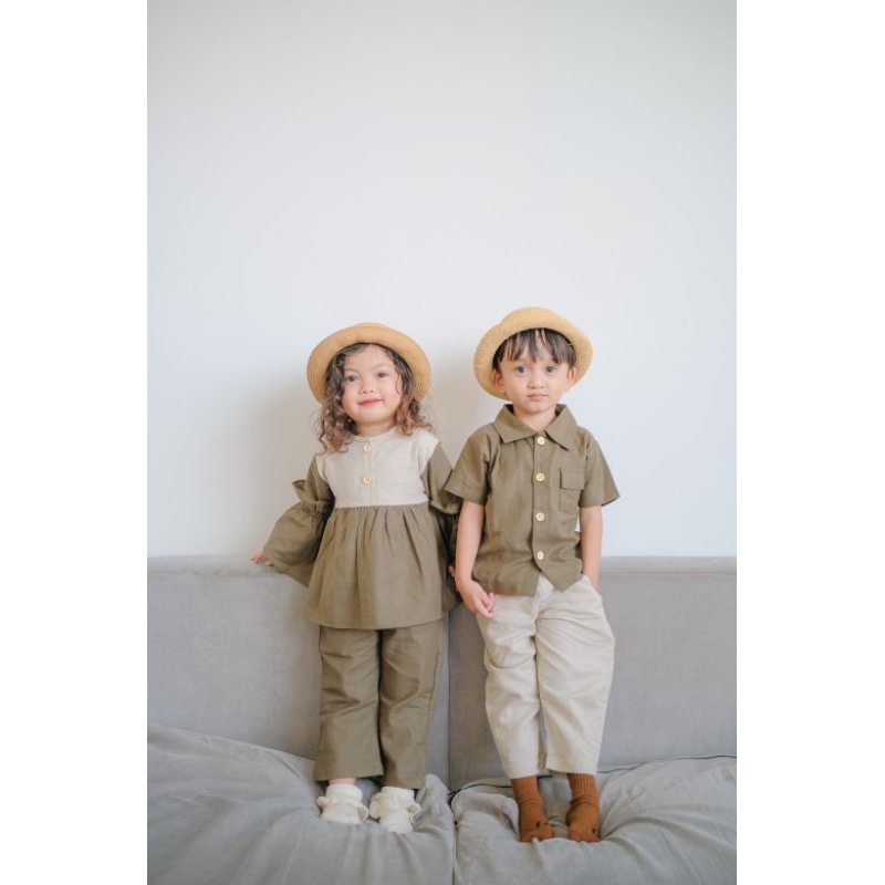 Gyan & Linea Set Baju Lebaran Anak Couple kakak adek laki perempuan setelan muslim kemeja baju pende