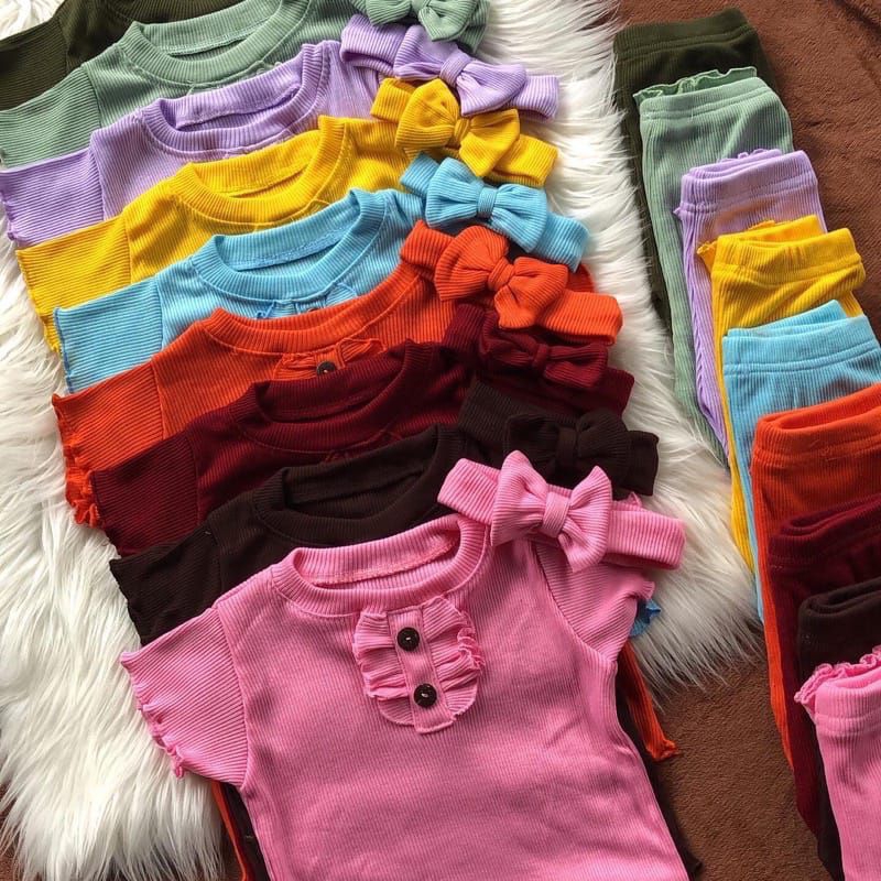 Baju Set Anak Perempuan Ruffle + Bandana Head band Ruffle Knit Tee Usia 1-5 Tahun | Baju One Set Setelan Anak Bahan Knit Rib Halus