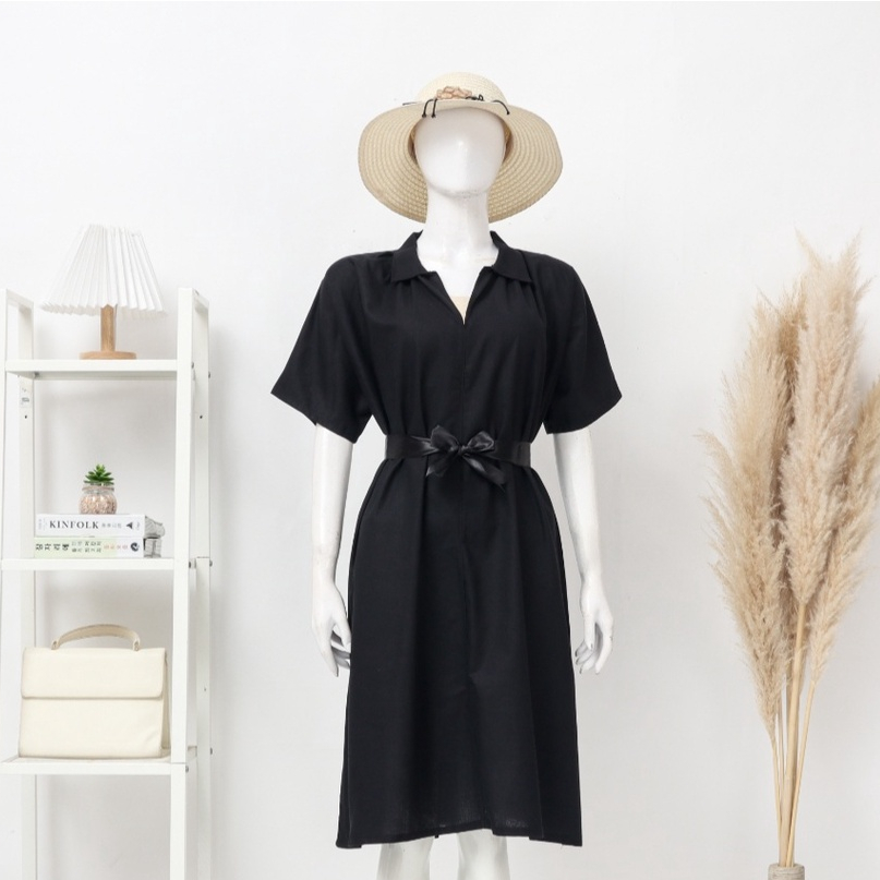 Valeria Tunik, Dres Midi Tunik Oversize Bahan Katun Linen Premium Warna Hitam