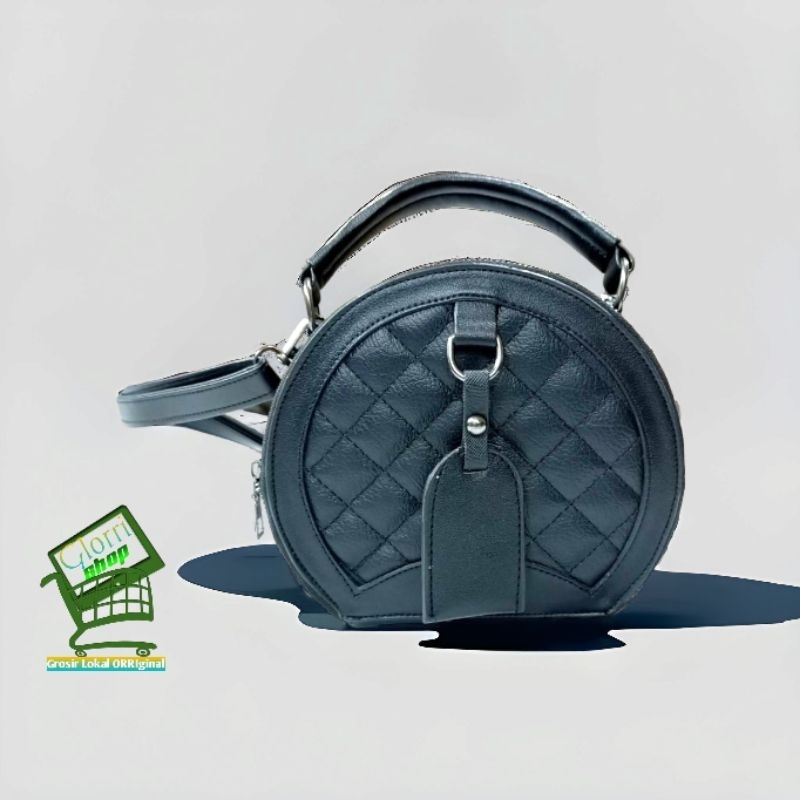 Tas Selempang Wanita Bordir Bentuk Bulat Motif Kotak Lucu Gaya Korea CB1829-8 Tali Panjang