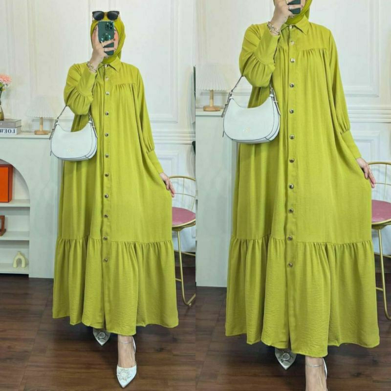 gamis kekinian wanita dewasa terbaru bahan kringkle airflow tebal busui full kancing