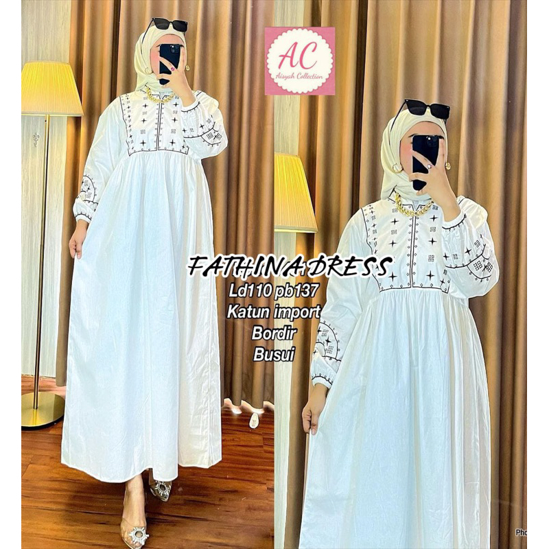 FATHINA DRESS #1 #2 BAHAN KATUN IMPORT BORDIR / DRESS RAYA LEBARA WHITE BORDIR KATUN PREMIUM / GAMIS