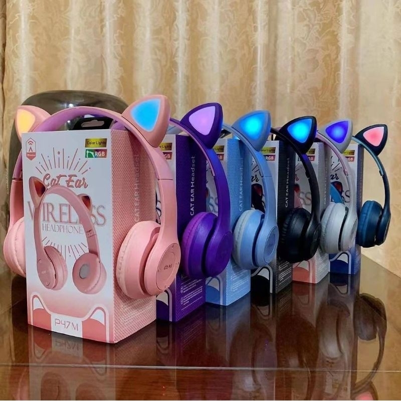 P47M HEADPHONE BLUETOOTH GAMING CAT EAR WIRELESS RGB LED LIGHT GOOD QUALITY MODEL TELINGA KUCING SUPER BASS