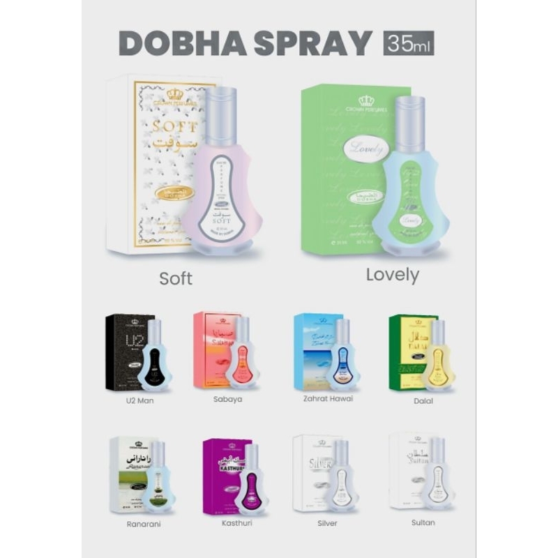 Parfum DOBHA Spray 35 ml Varian  aroma Eau De Parfume Misk Thaharah , Soft , Sofly , Nur Paris Dll,,