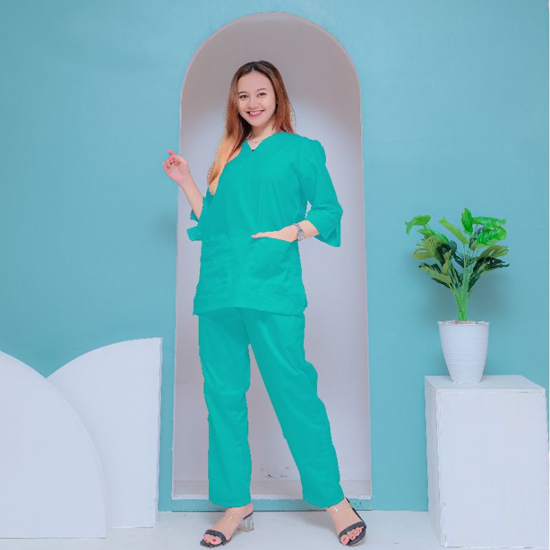 baju ok lengan panjang oka ok lengan pendek 3/4 seragam perawat dokter jaga medis american dril putih  scrub toyobo lengan karet