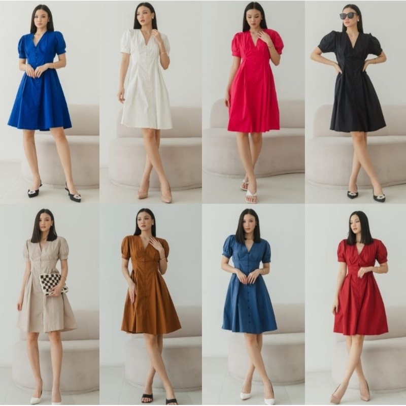 ♡ PREMIUM ♡ ORIGINAL ! MINELLA PLAIN V-NECK BUTTON FLARE MINI DRESS ( BUSUI FRIENDLY )