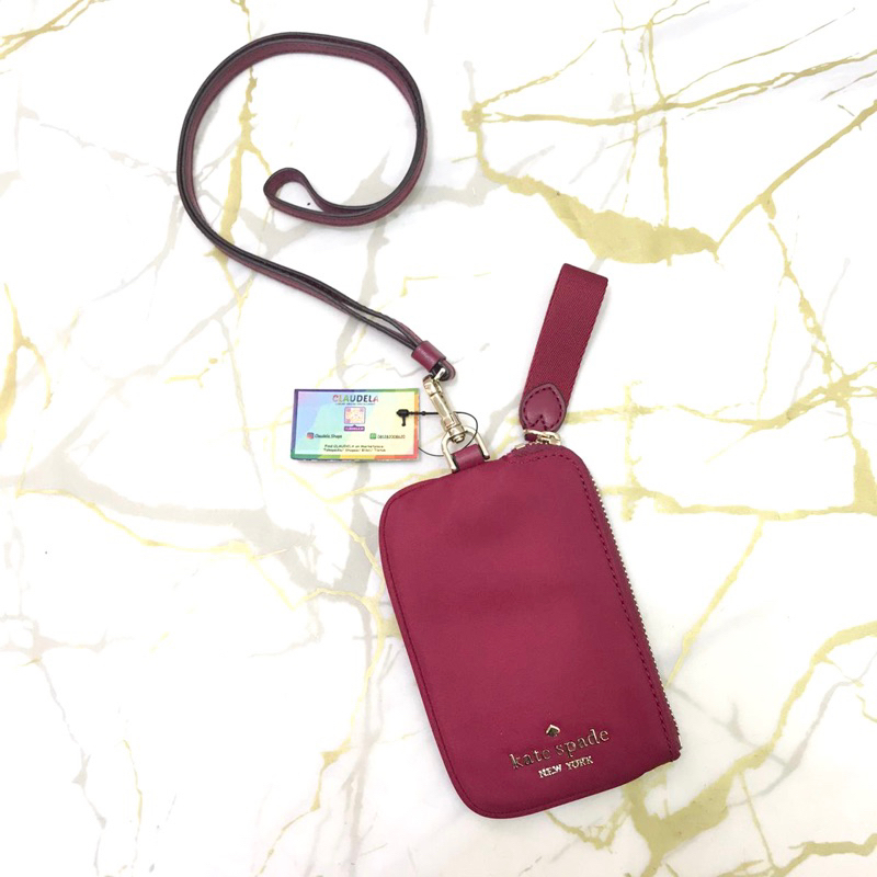 KATE SPADE Chelsea Lanyard In Pink Magenta Nylon with zipper card case and wristlet strap