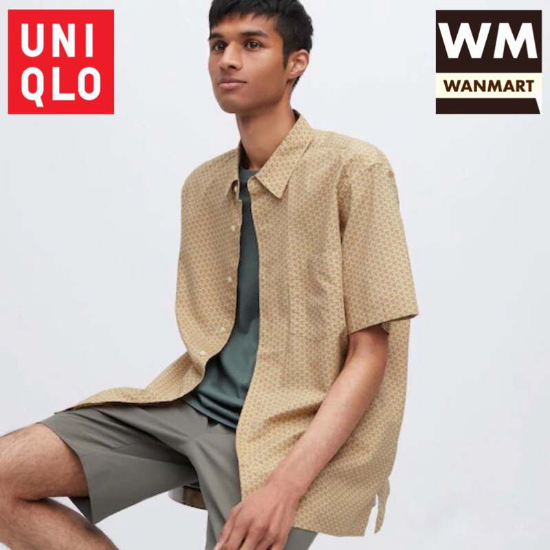 UNIQLO Men Shirt Kemeja Batik Motif Pria Lengan Pendek Beige