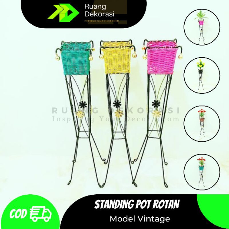 Standing Pot Bunga Besi Anyaman Rotan Rak Bunga Rotan Rak Bunga Besi Vas Bunga Anyaman Rotan Vas Rot
