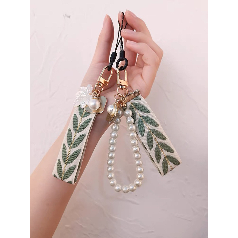 Green Leaf Pearl Bow Cantolan Gantungan HP Phone Chain Lanyard Lucu