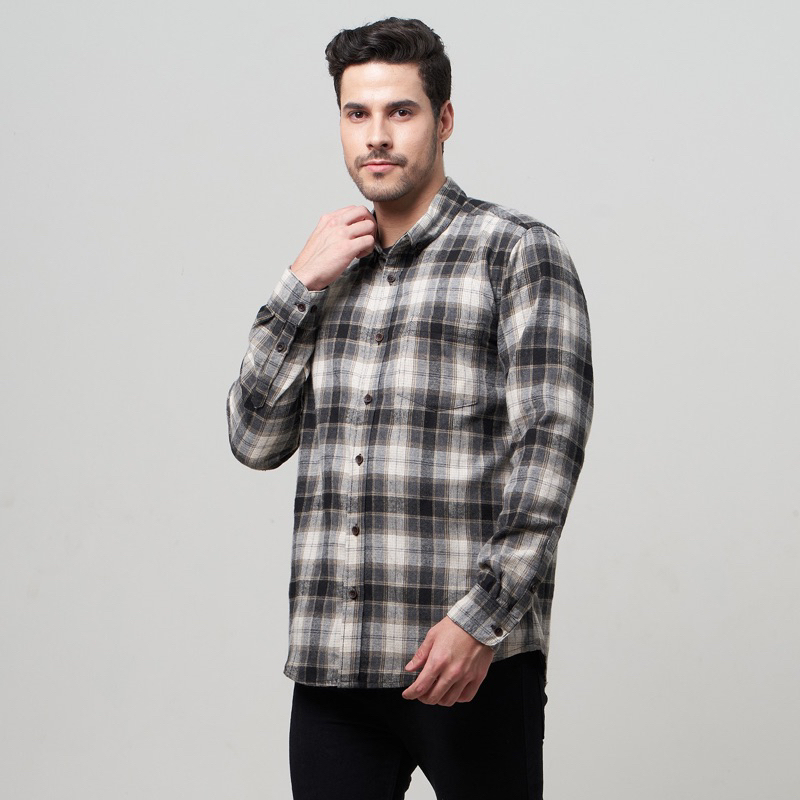 Peternation kemeja pria flanel wool basic panjang regular fit F1027