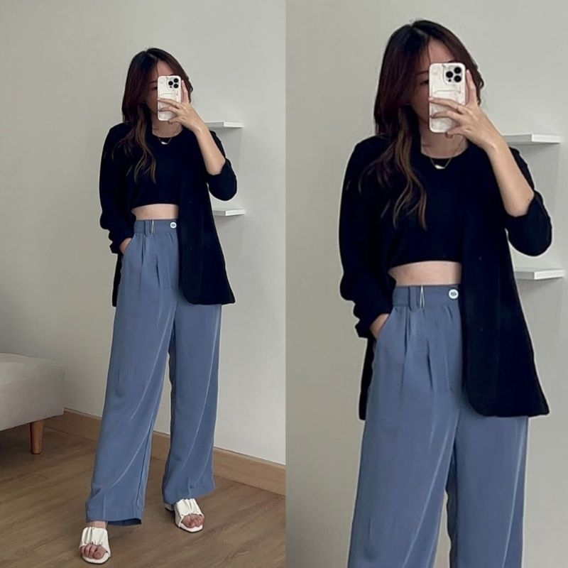 Loose Pants Trousers (VERSI KAIN TEBAL) Wanita Anti Kusut - Celana Kulot Highwaist Wanita Bahan Jatuh Celana Kantor Formal / Casual