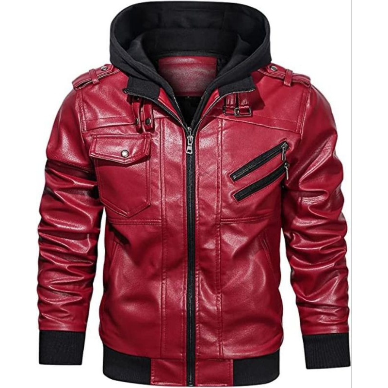 jaket kulit hoodie pria asli kulit domba warna merah muda original 100%