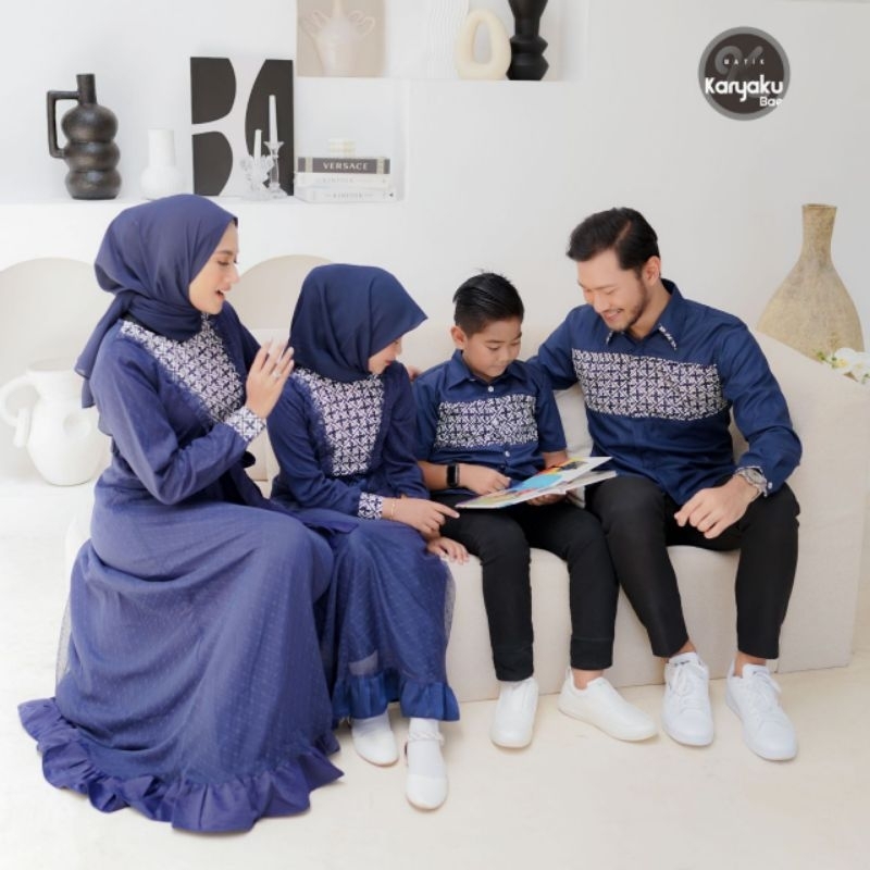 DRESS BAJU GAMIS SYAR'I COUPLE SUAMI ISTRI WARNA BIRU NAVY DONGKER KELUARGA LEBARAN 2023 MEWAH GLAMO