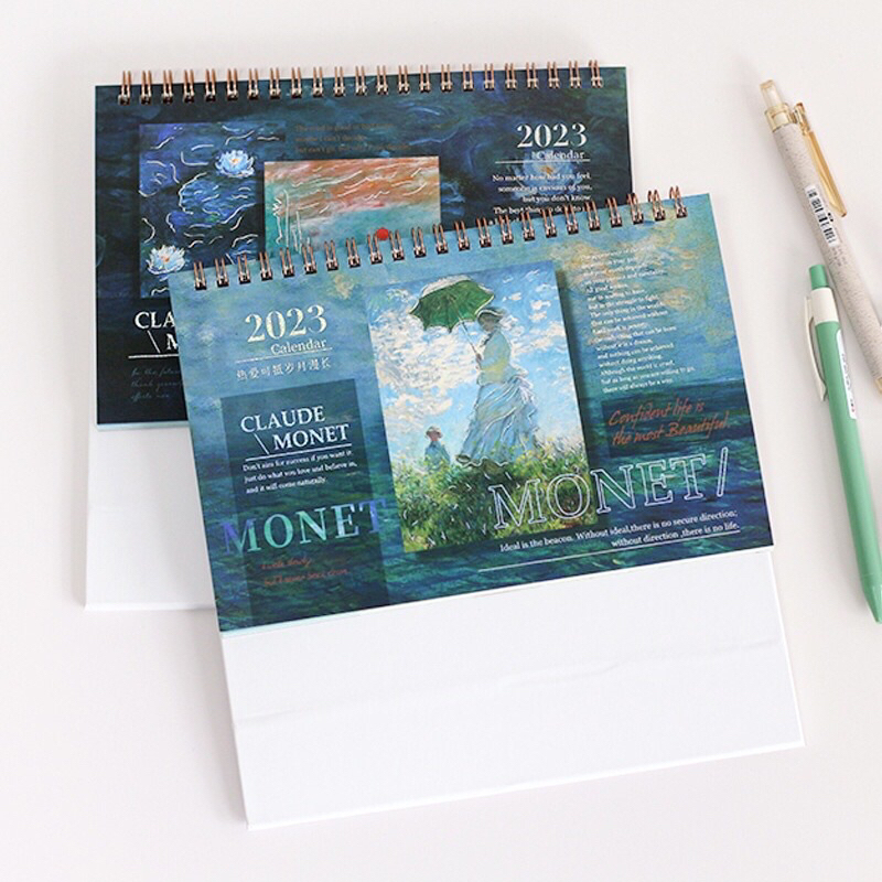 

kalender meja 2023 motif ala lukisan oil painting claude monet vincent van gogh monthly goals home deco planner journalling scrapbook aesthetic properti foto background photo table desk calendar