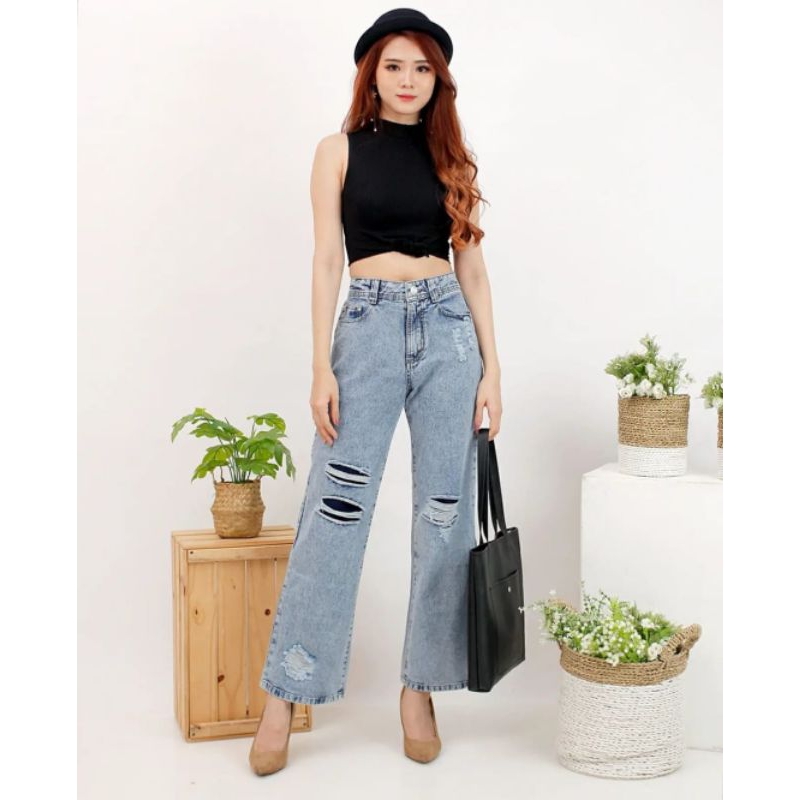 JUMBO - Semi Kulot Jeans, Boyfriend Jeans Ripped Sobek Lapis Furing