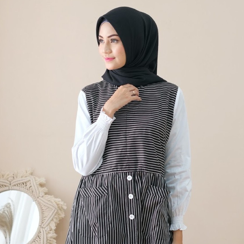 Ramee Mikayla gamis katun motif garis kombinasi polos/ 2 in 1