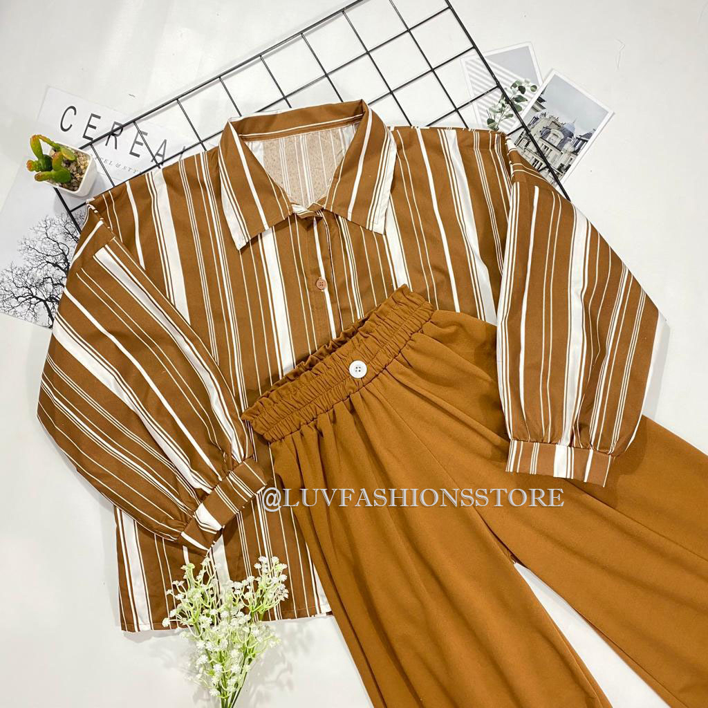 IL - SETELAN KEMEJA LOLY COKLAT MOTIF SALUR / ONE SET KULOT KANCING CEREPE PREMIUM