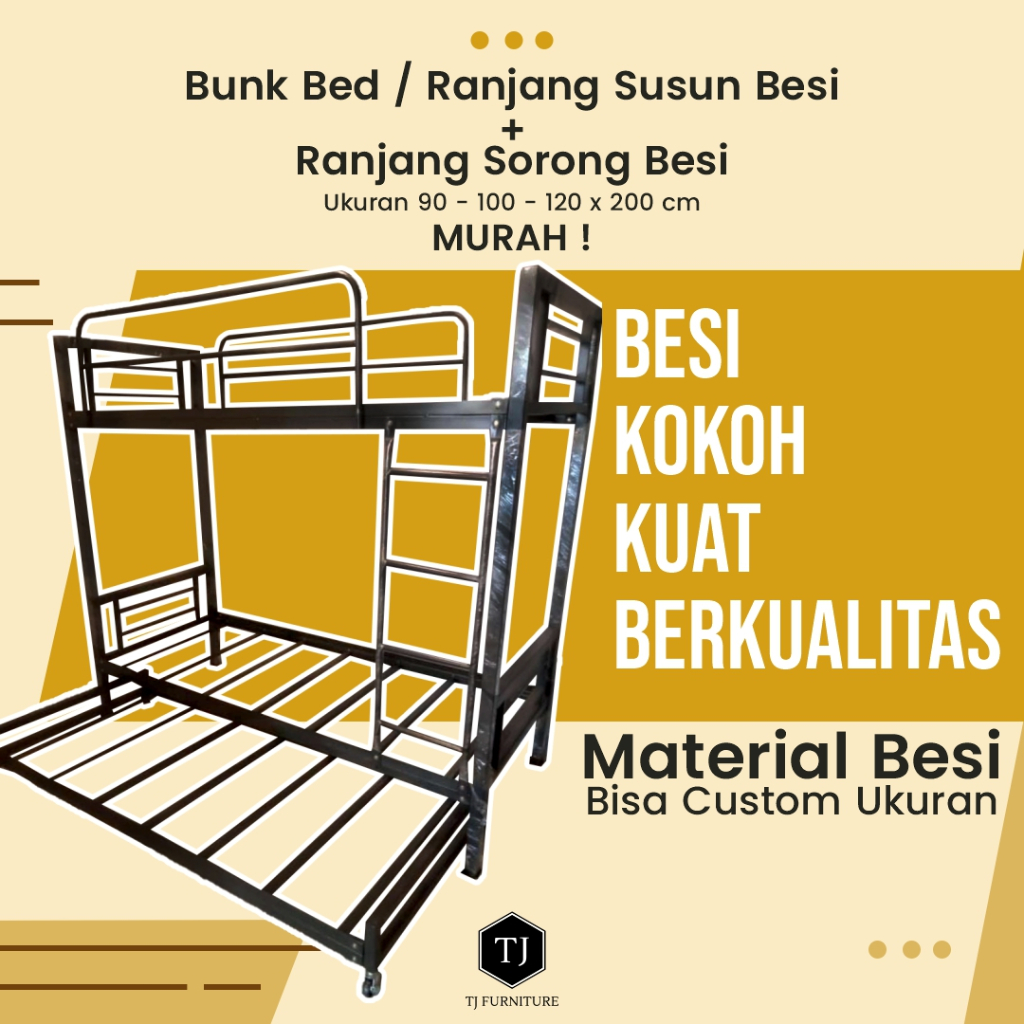 Ranjang Besi Susun + Sorong / Tempat Tidur / Divan Besi / Bunk Bed Sorong Minimalis 90x200  (Bisa Custom Ukuran)*