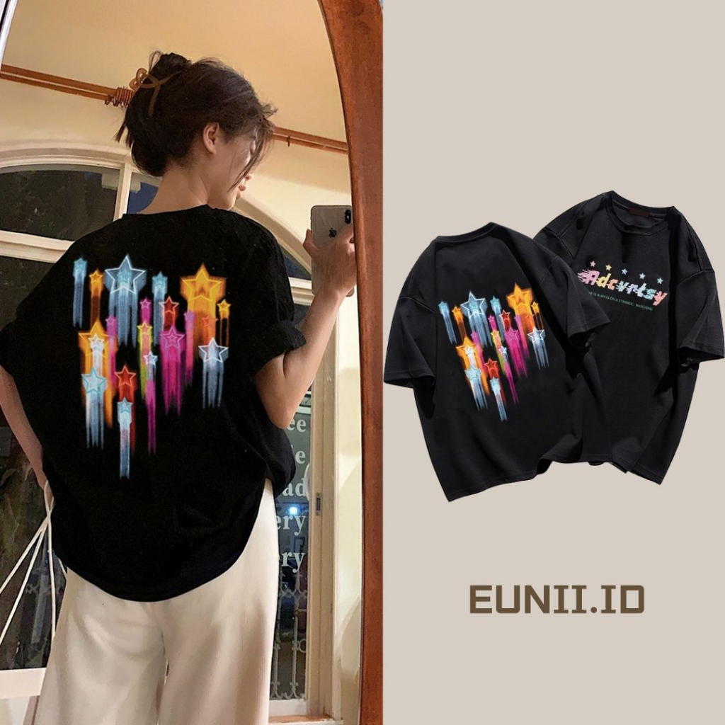 EUNII T-shirt Lengan Pendek Retro Meteor Korean Style/Kaos Atasan Wanita/Baju Kaus Oversize Wanita/Kaos Wanita