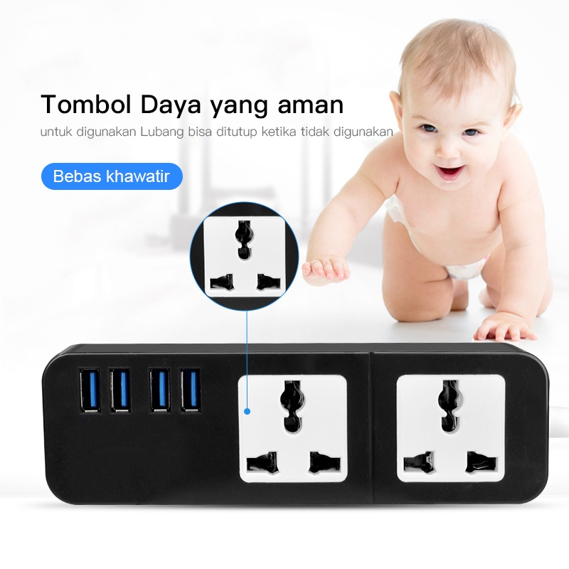 Kontak USB Power Strip Stop Colokan Listrik 2 Power Socket 4 Smart USB Port