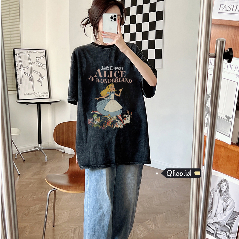 Print Washed T-shirt Kaos Lengan Pendek Oversize Hitam Cartoon Alice In Wonderland Korean Style Atasan Wanita