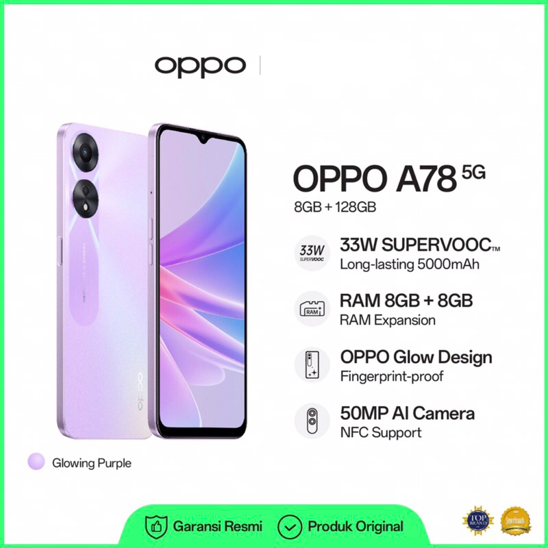 Oppo A78 5G | 8GB+128GB | Dimensity 700 | 50MP Dual Camera | NFC | IP54 | Li-Po 5000mAh | Garansi Resmi Oppo 1 Tahun