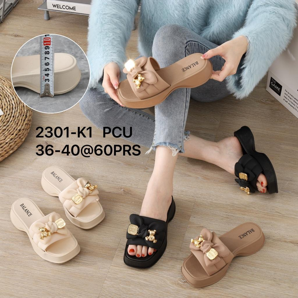 Sandal Selop Wanita Karet Import BALANCE Motif Pita Emas SOL TEBAL 5CM / 2301-K1