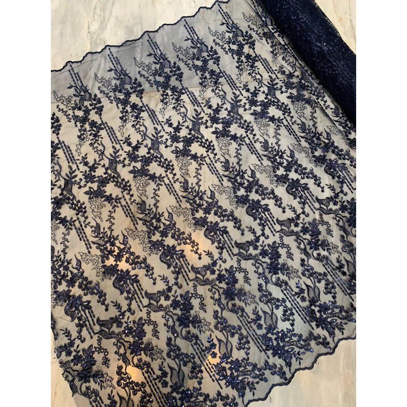 Kain Bahan Kebaya Brokat Brukat Tile Bordir Payet Mewah Gracia Warna Blue Biru Navy