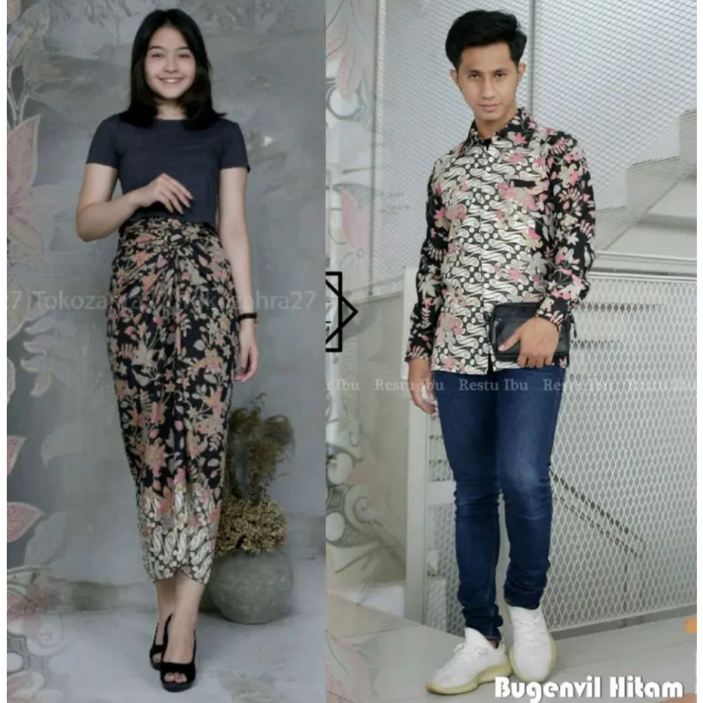 Restu Colletion Couple Rok Lilit Dan Kemeja Batik Bahan Premium Tebal Motif Bugenfil Hitam