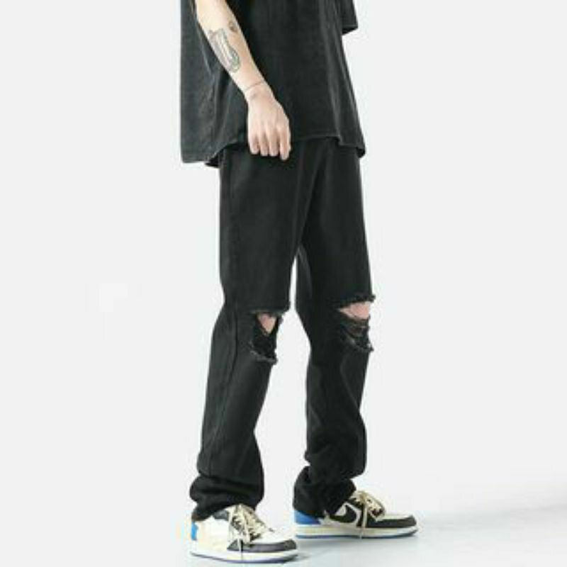 CELANA SOBEK PRIA RIPPED JEANS ROBEK STANDAR REGULER BASIC JINS HITAM 27-38