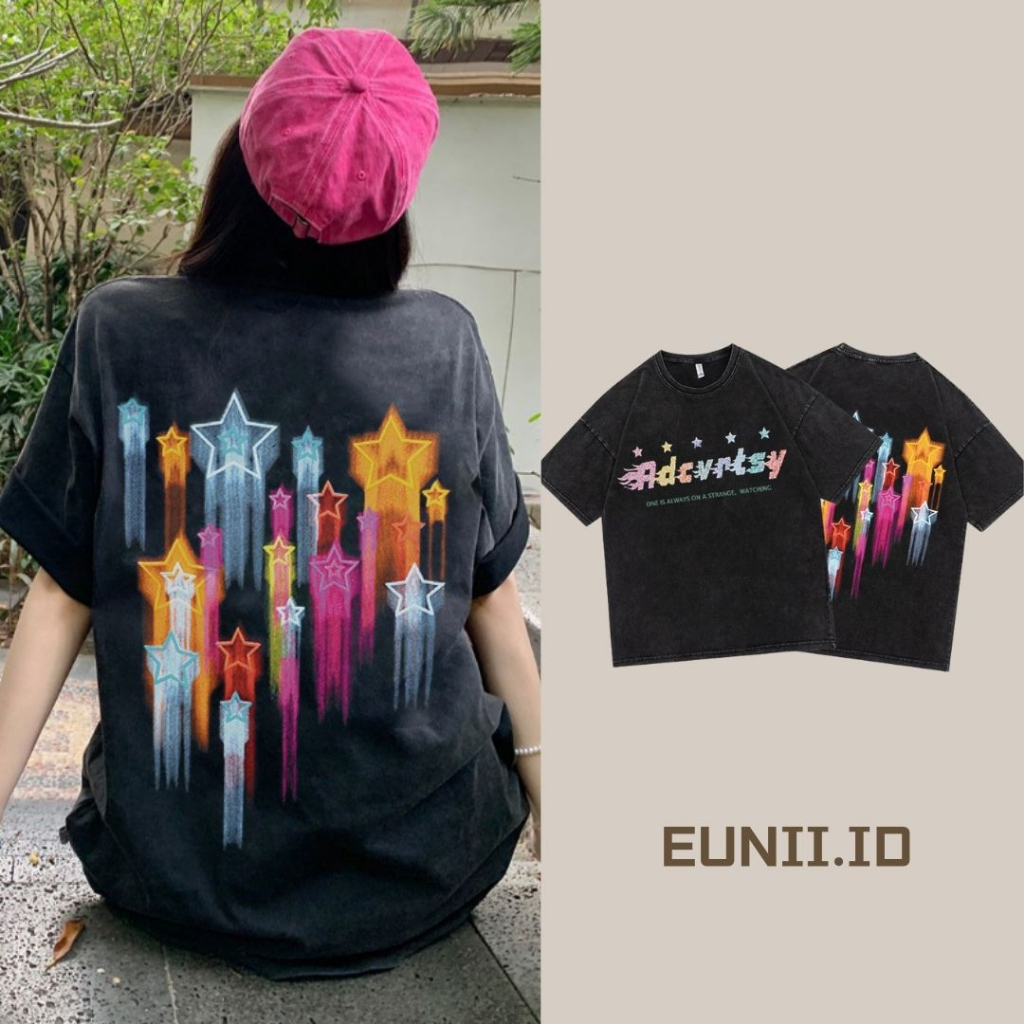 EUNII T-shirt Lengan Pendek Black Washed Color Double Sided Shooting Star Korean Style/Kaos Atasan Wanita/Baju Wanita/Kaos Wanita