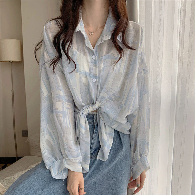 yikoo-Oversize kemeja korea bermotif shirt atasan blouse wanita big size